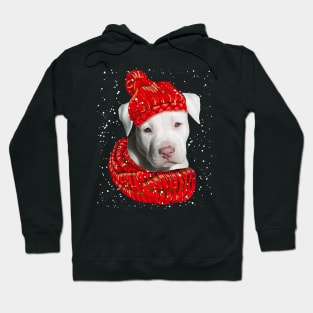 Staffordshire Bull Terrier Wearing Red Hat And Scarf In Snow Hoodie